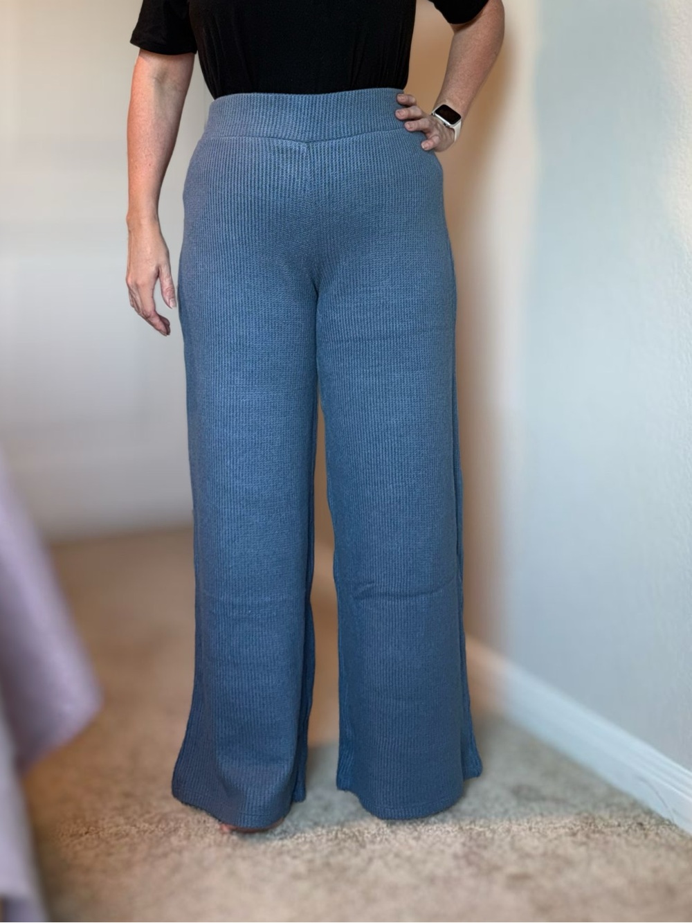 Zenana Outfitters Slate Blue Wide-Leg Knit Pants